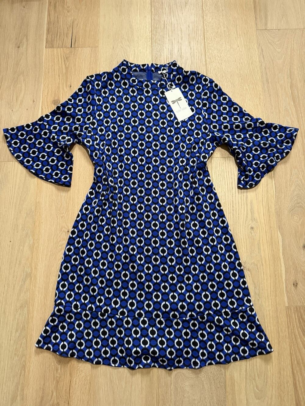 NWT Tyler Boe Mindy Mod Shift Dress M Blue Geo Mock Funnel Neck A-Line Flare Hem